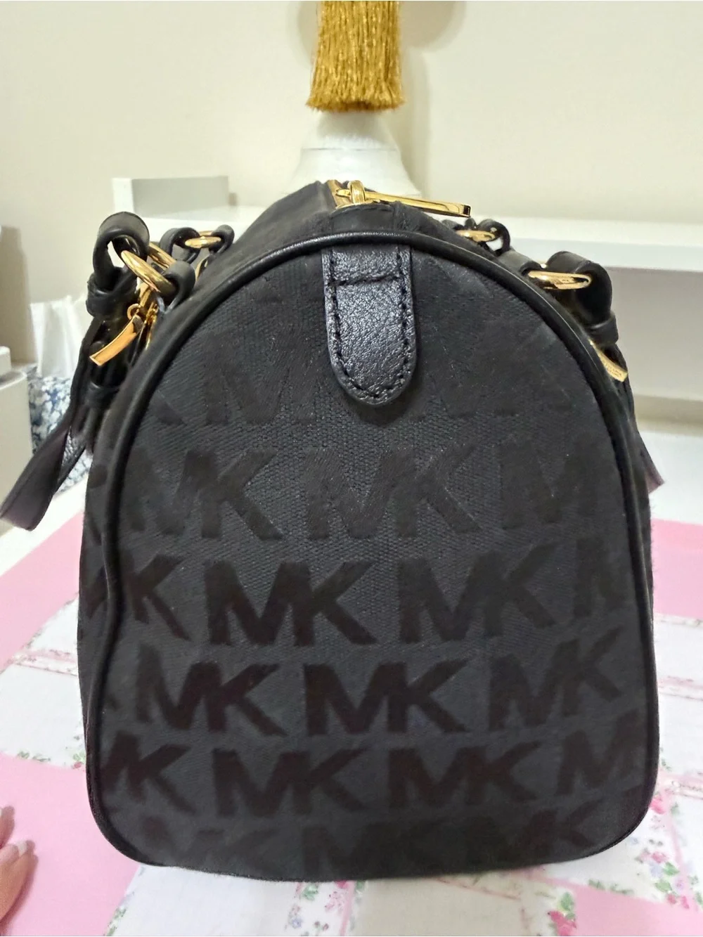 Michael Kors Logo-Print Handbag With Leather Handles And Leather Bag Charm.